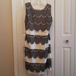 White Matte Jersey Dress w/ Black Lace Detail.